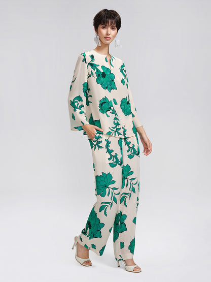 100% Silk Drawstring Waist Elastic Wide-Leg Pants