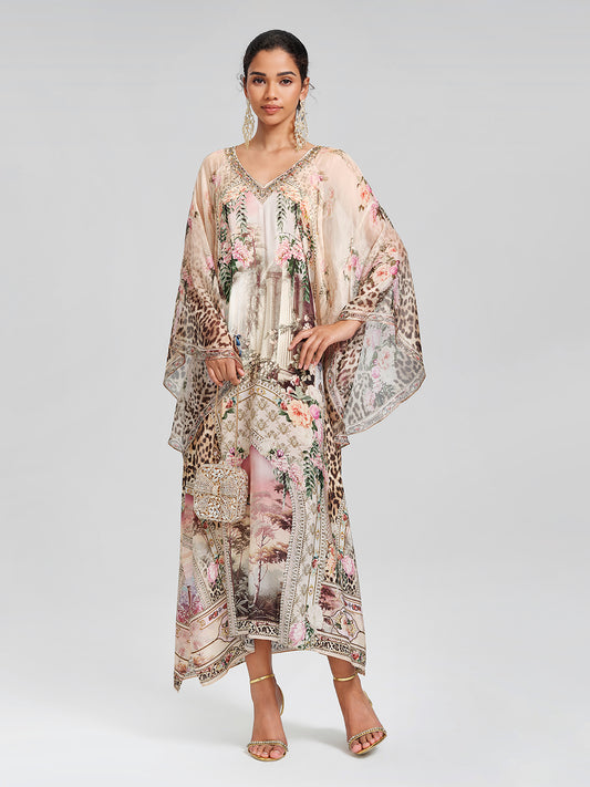 100% Silk Leopard-Floral Batwing-Sleeve Dress