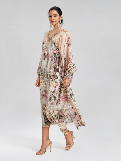 100% Silk Leopard-Floral Batwing-Sleeve Dress