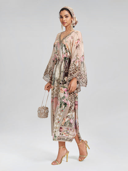 100% Silk Leopard-Floral Batwing-Sleeve Dress