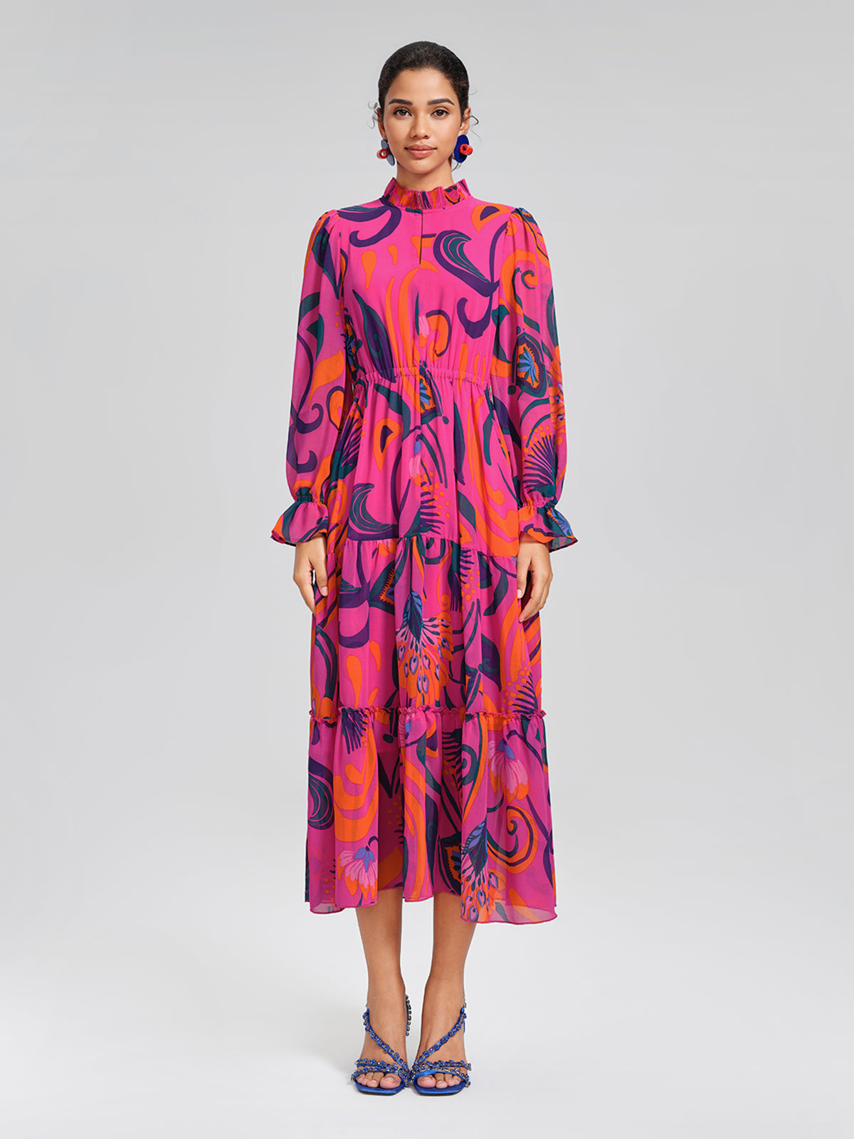 Printed Elastic Waist Mock Neck Dress (Detachable Belt Included)