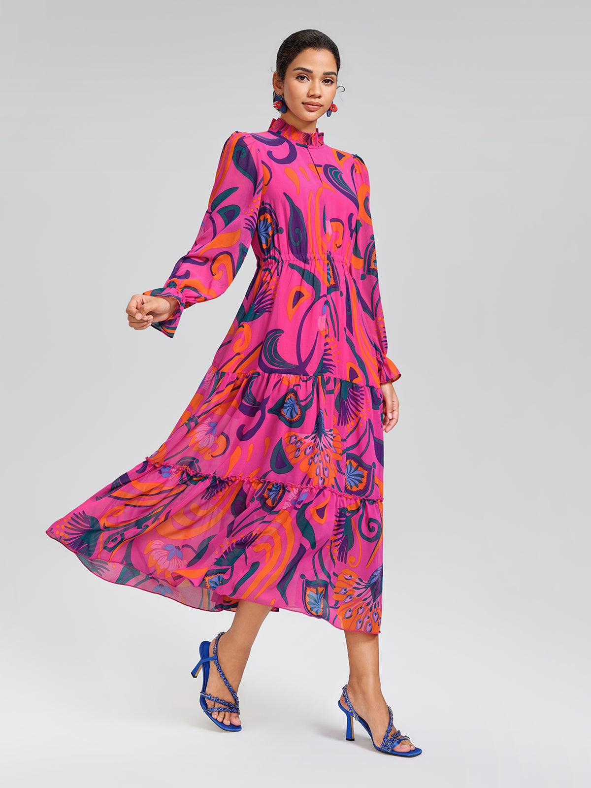 Printed Elastic Waist Mock Neck Dress (Detachable Belt Included)