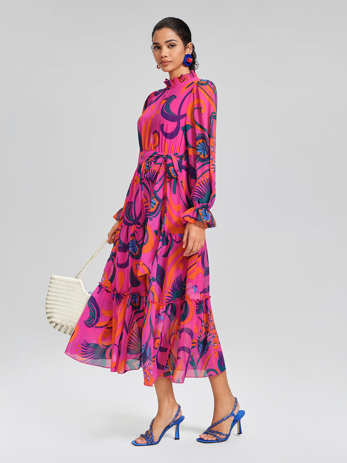 Printed Elastic Waist Mock Neck Dress (Detachable Belt Included)