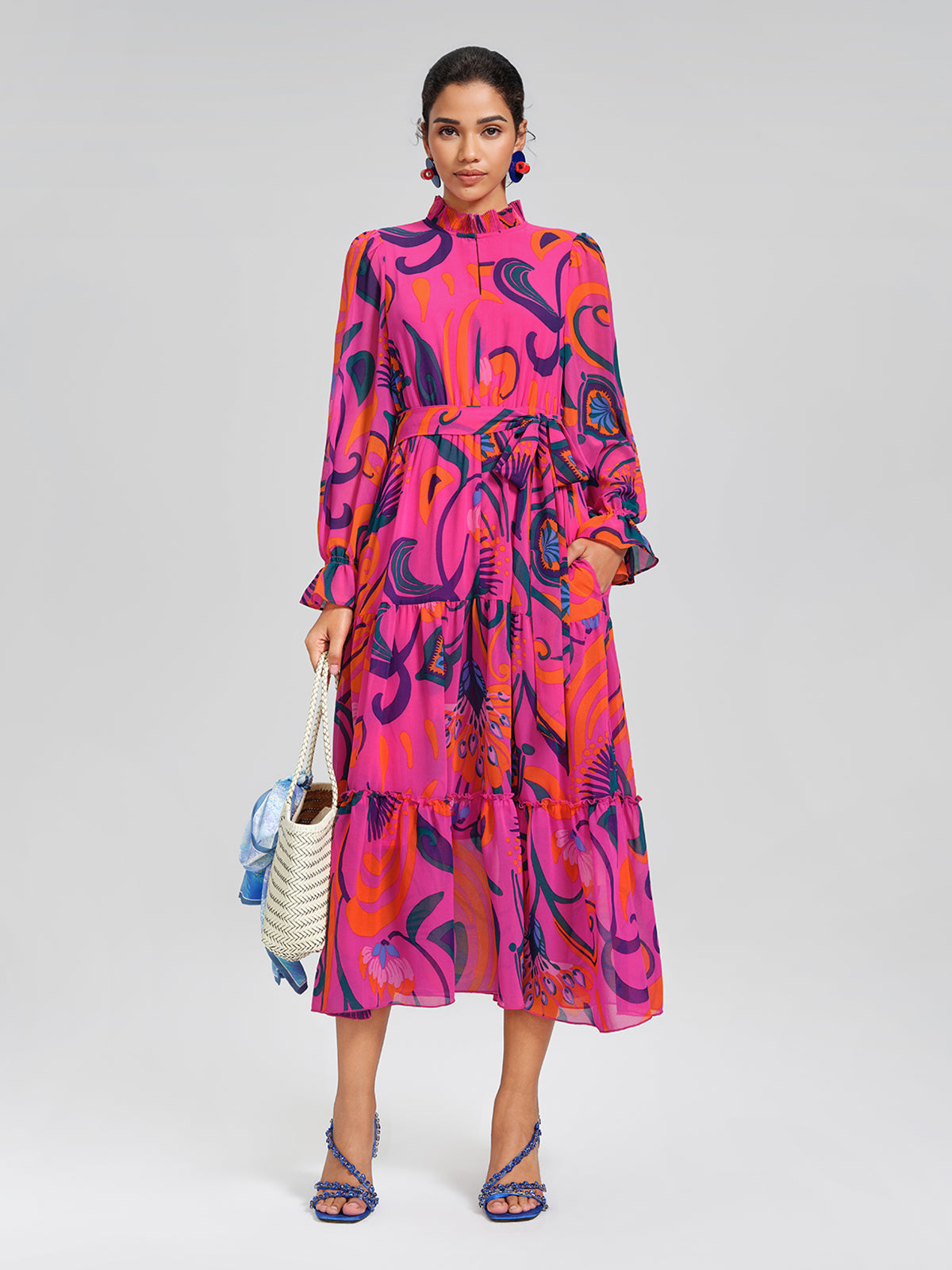Printed Elastic Waist Mock Neck Dress (Detachable Belt Included)