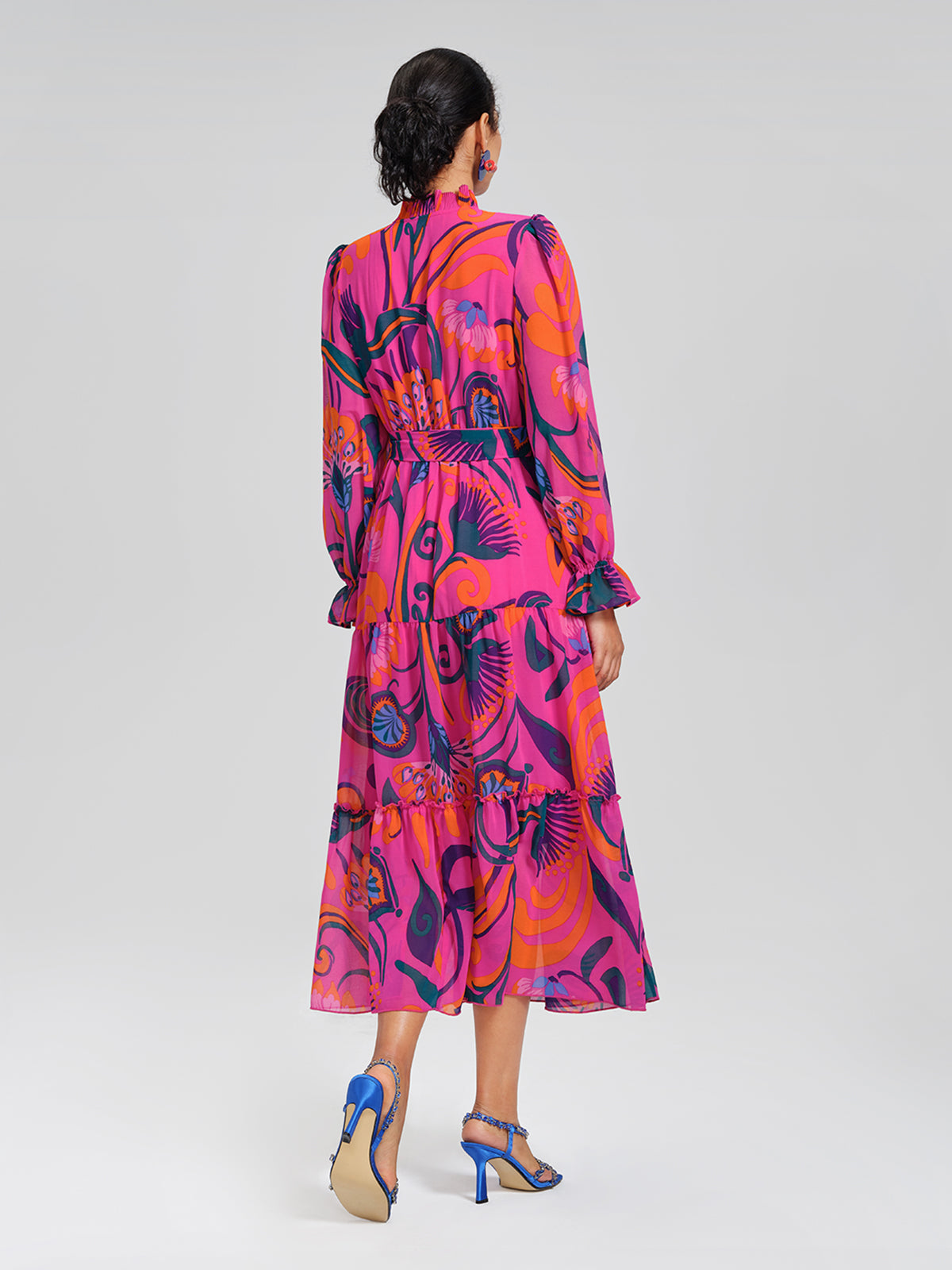 Printed Elastic Waist Mock Neck Dress (Detachable Belt Included)