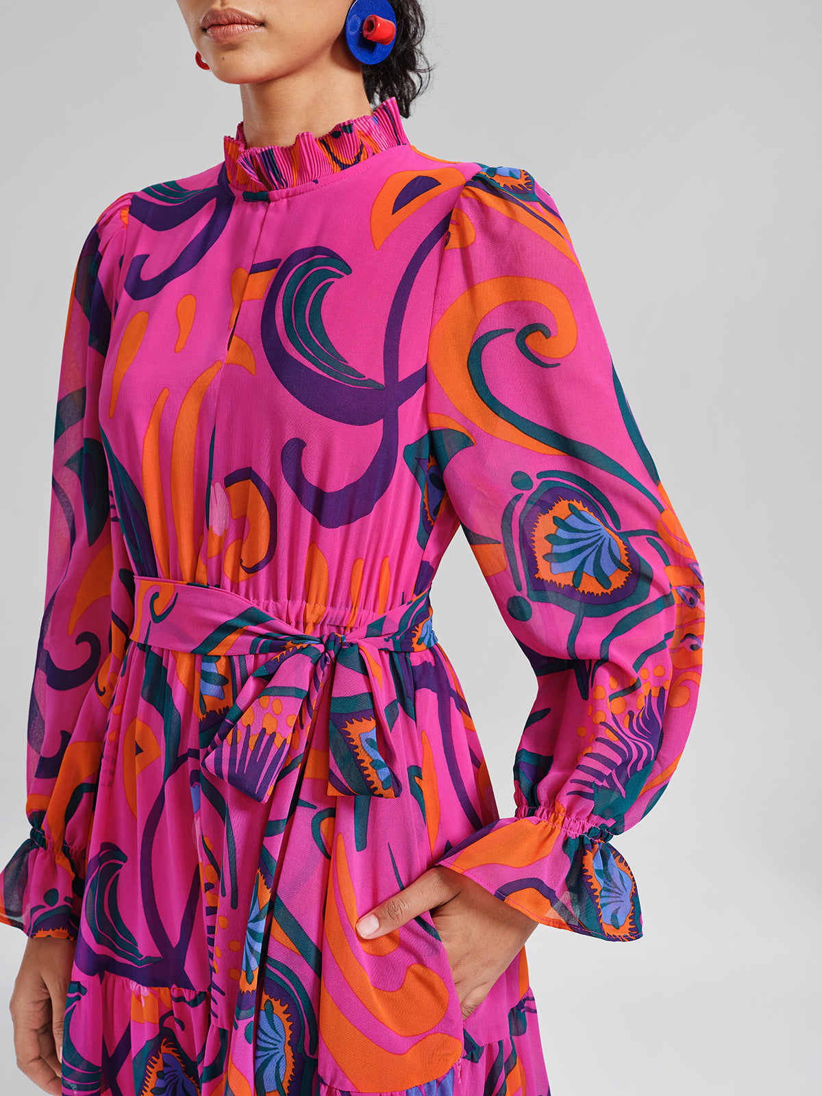 Printed Elastic Waist Mock Neck Dress (Detachable Belt Included)