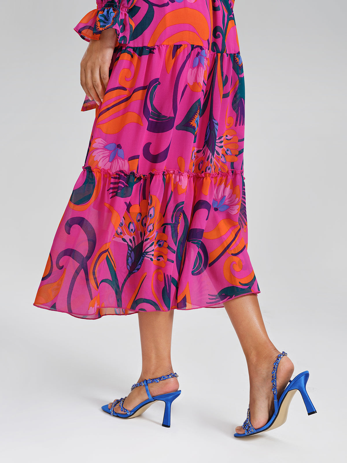 Printed Elastic Waist Mock Neck Dress (Detachable Belt Included)
