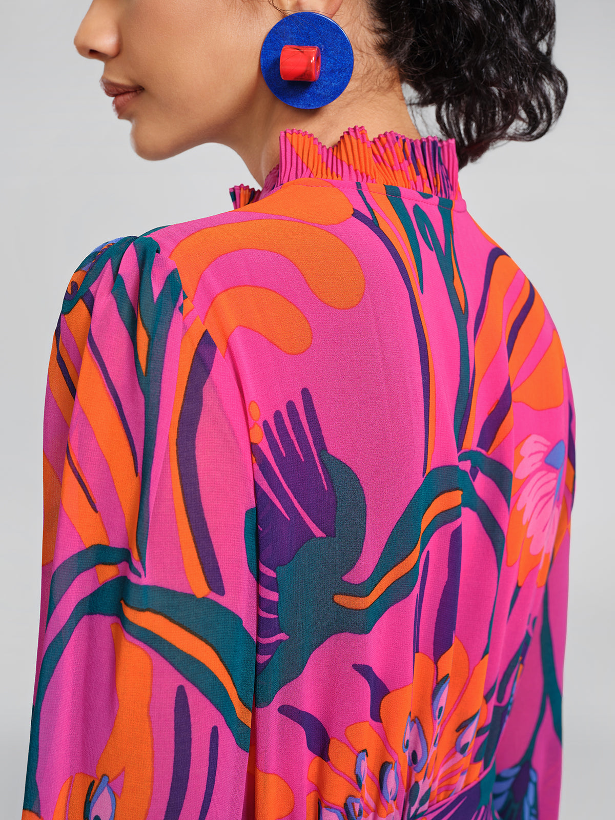 Printed Elastic Waist Mock Neck Dress (Detachable Belt Included)
