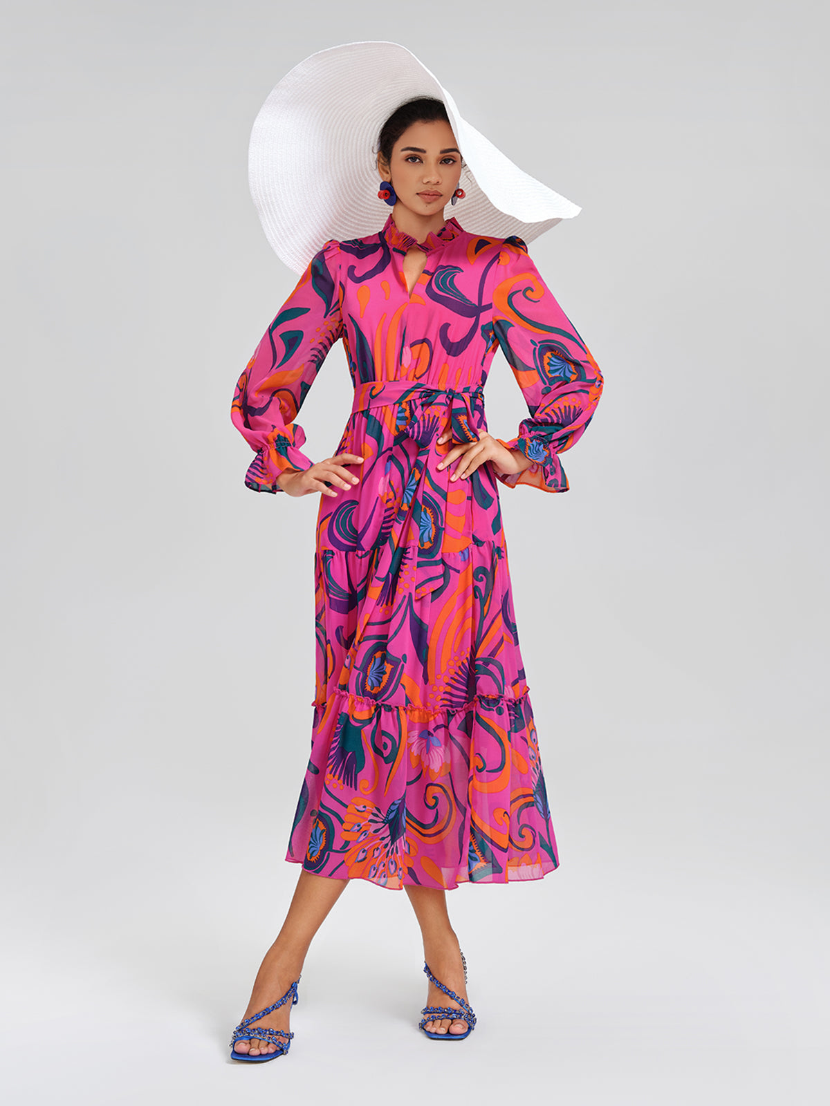 Printed Elastic Waist Mock Neck Dress (Detachable Belt Included)