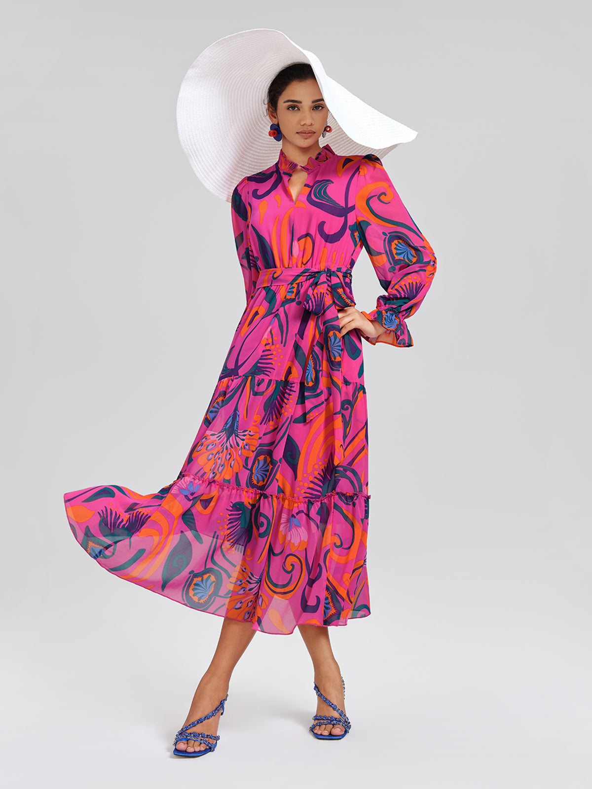 Printed Elastic Waist Mock Neck Dress (Detachable Belt Included)