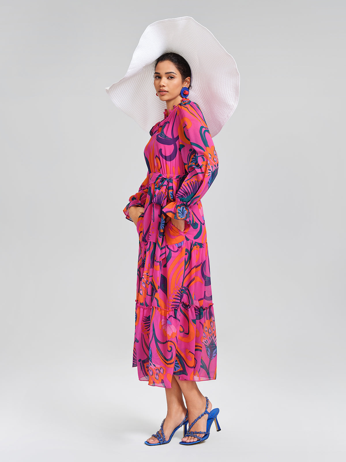 Printed Elastic Waist Mock Neck Dress (Detachable Belt Included)