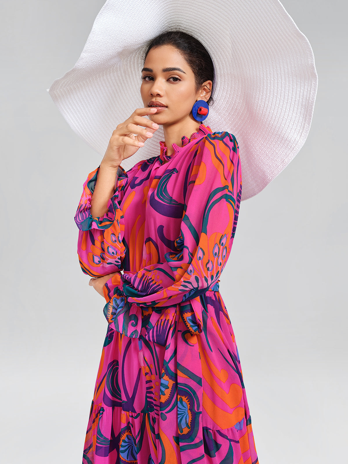 Printed Elastic Waist Mock Neck Dress (Detachable Belt Included)