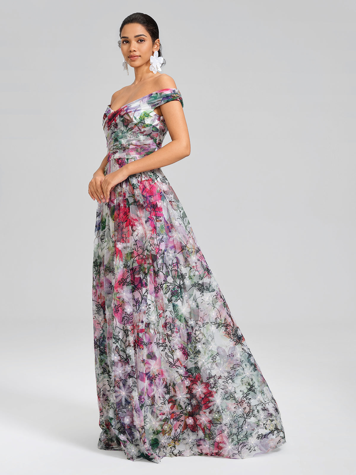 Painterly Floral Sheer Mesh Evening Gown