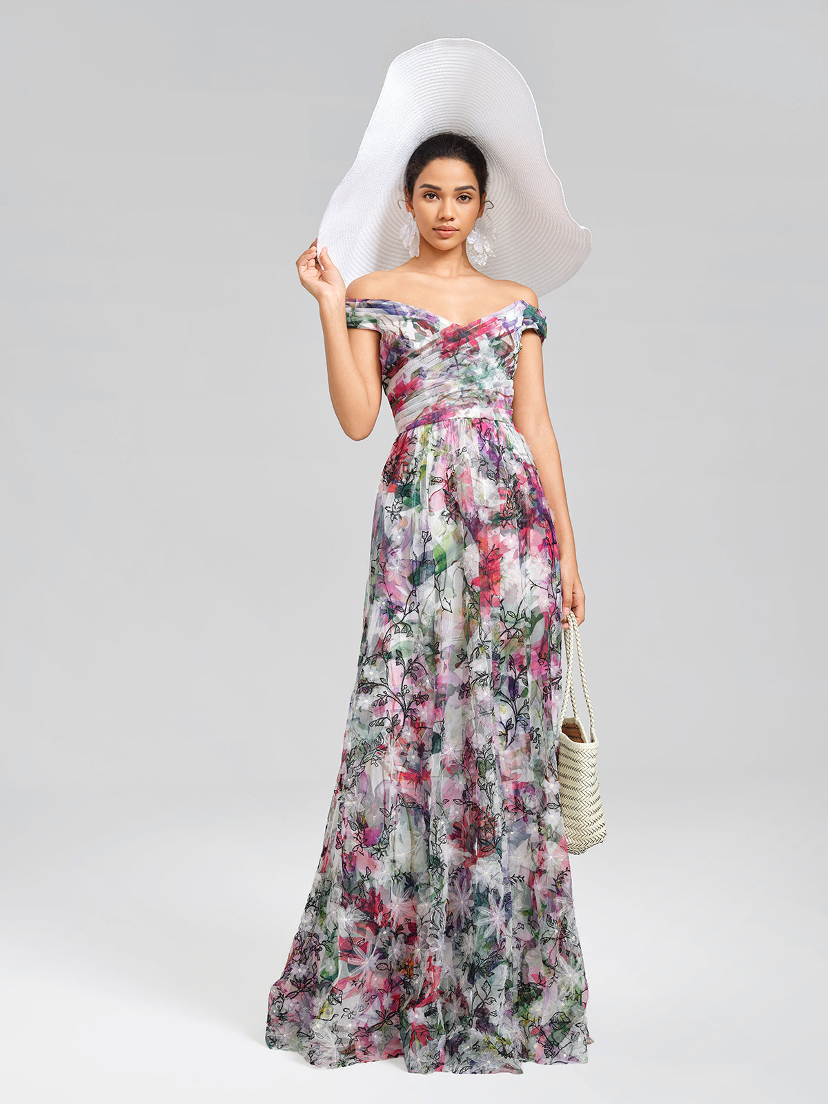 Painterly Floral Sheer Mesh Evening Gown