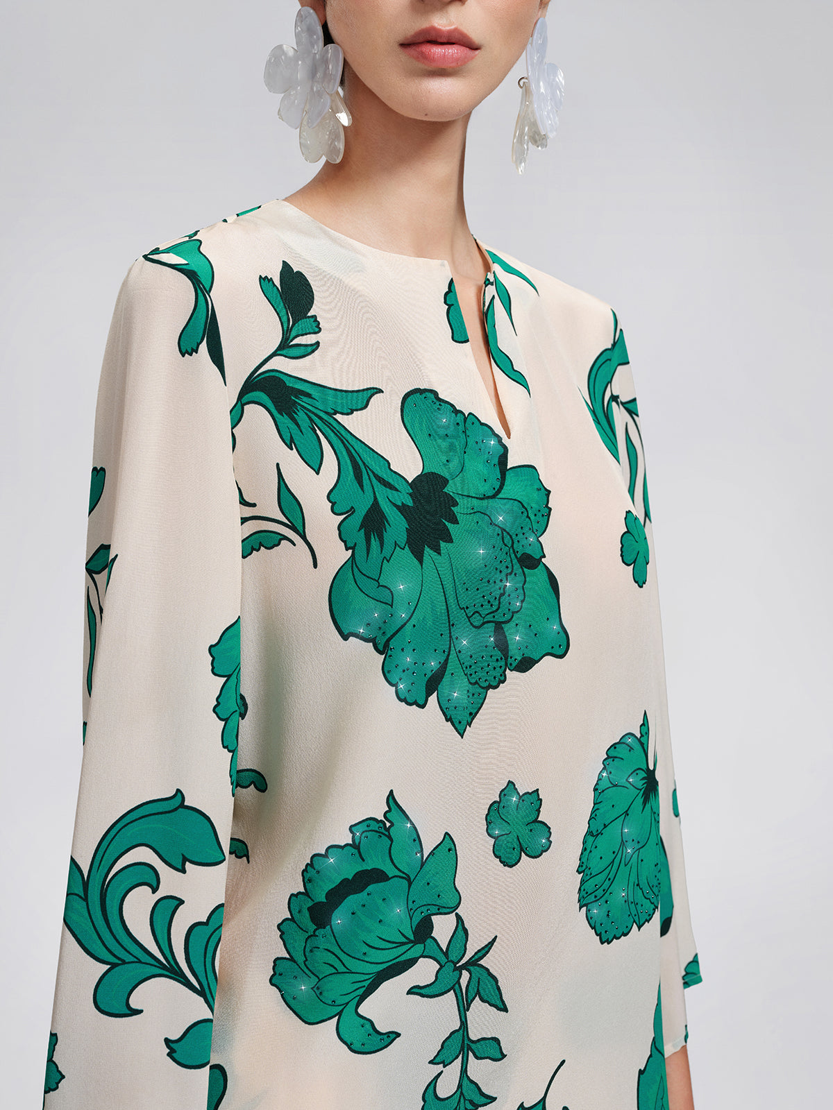 100% Silk Hand-Applied Rhinestone V-Neck Flared Sleeve Top