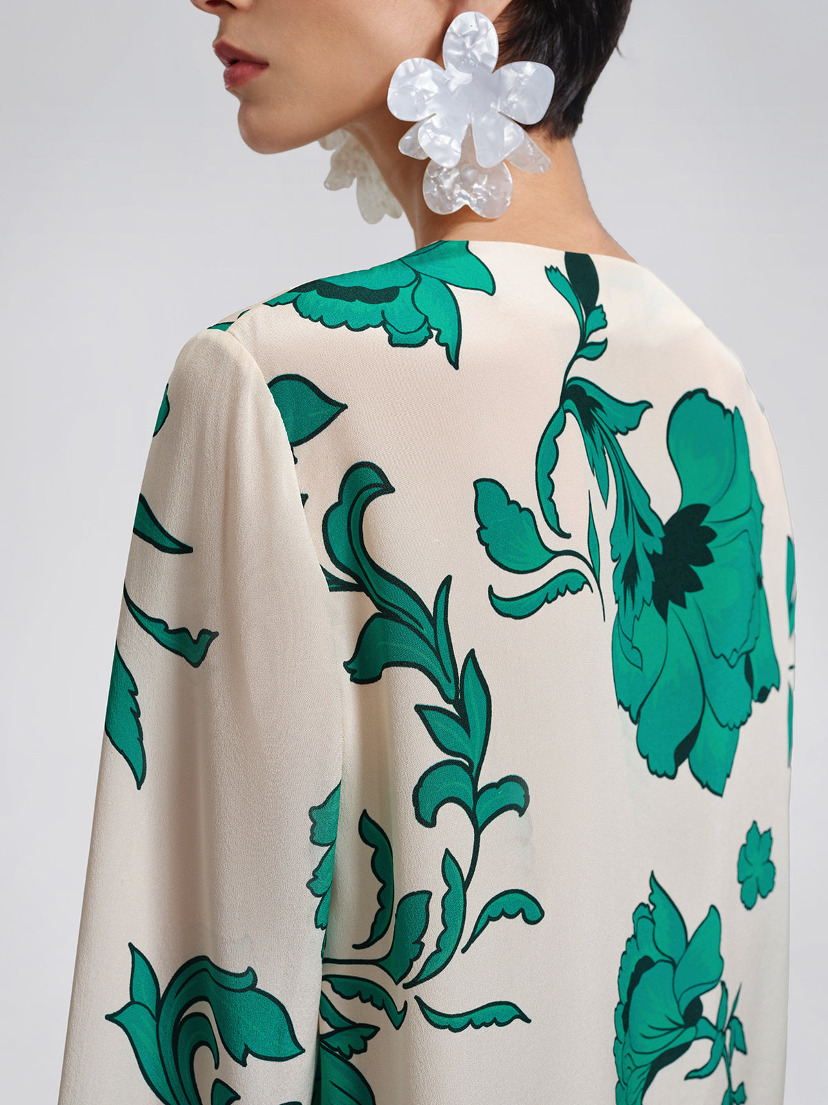 100% Silk Hand-Applied Rhinestone V-Neck Flared Sleeve Top