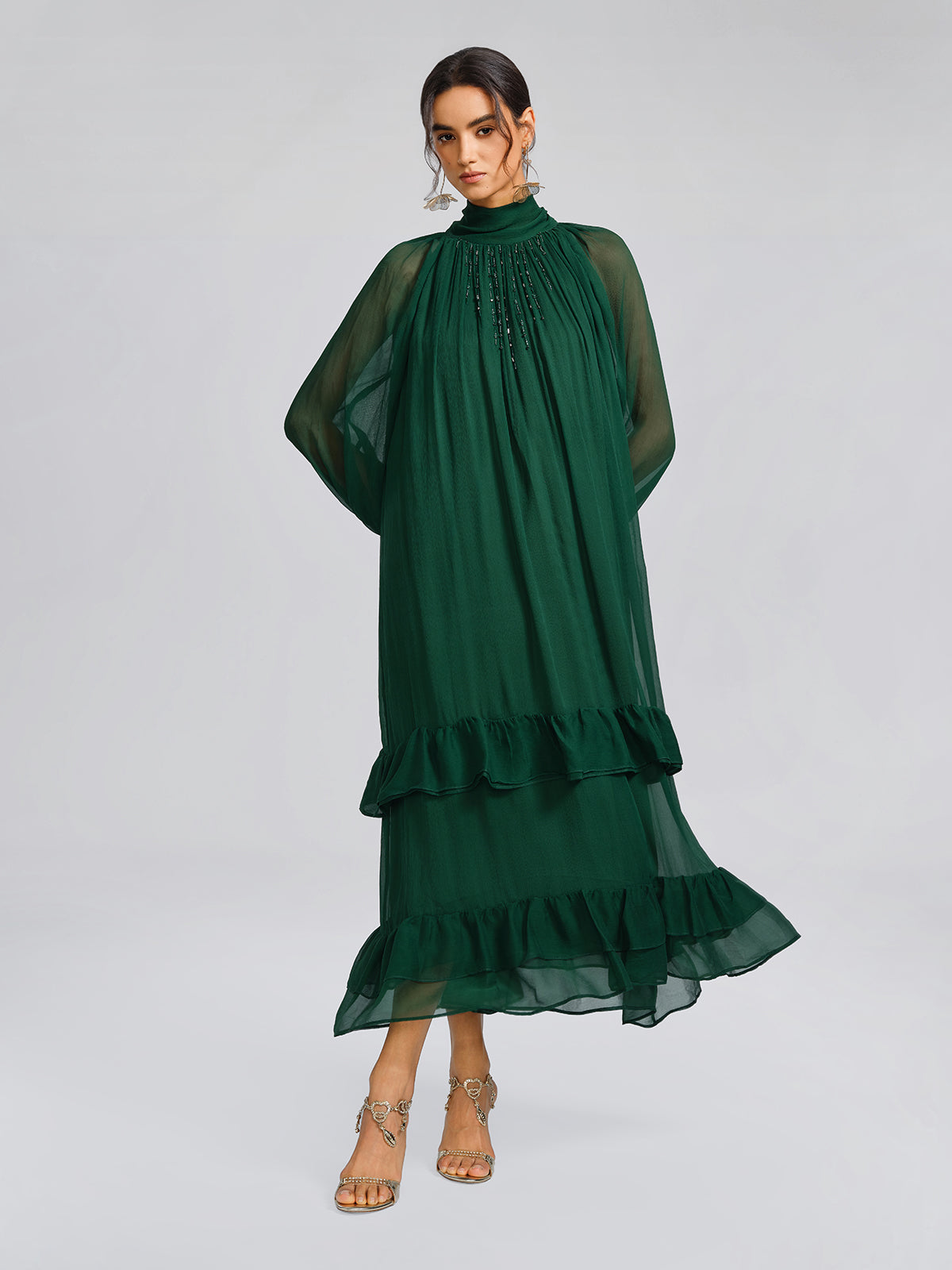 Silk Beaded Tie-Neck Dress