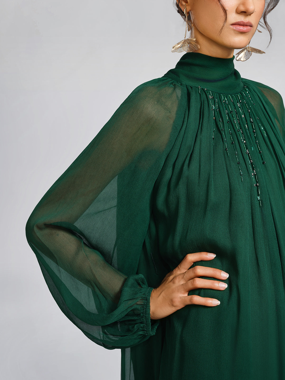 Silk Beaded Tie-Neck Dress