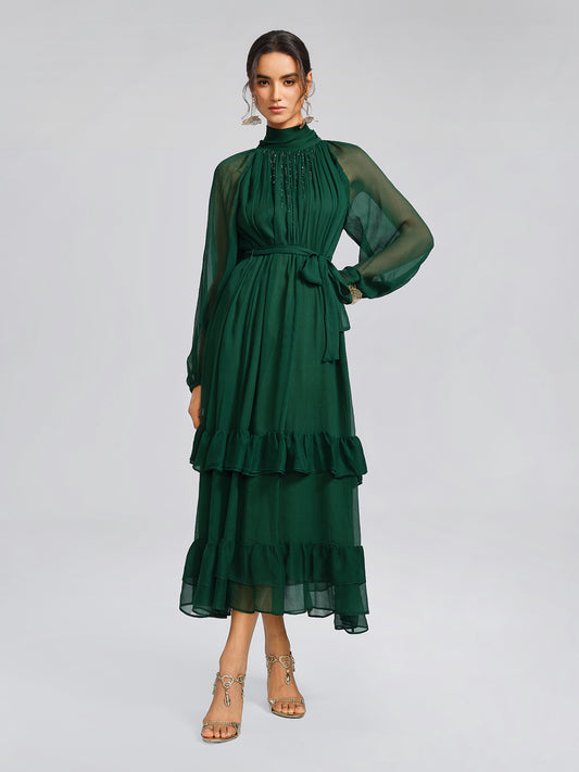 Silk Beaded Tie-Neck Dress