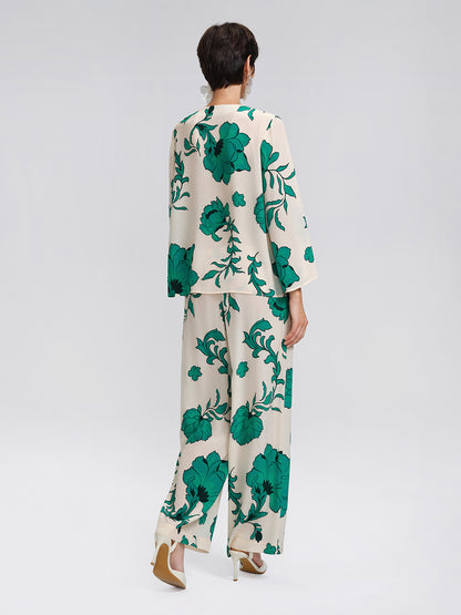 100% Silk Drawstring Waist Elastic Wide-Leg Pants