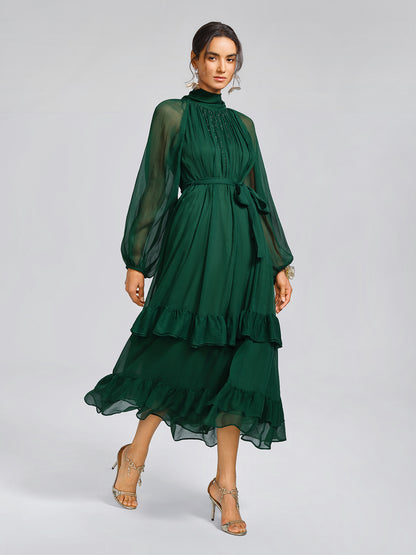 Silk Beaded Tie-Neck Dress