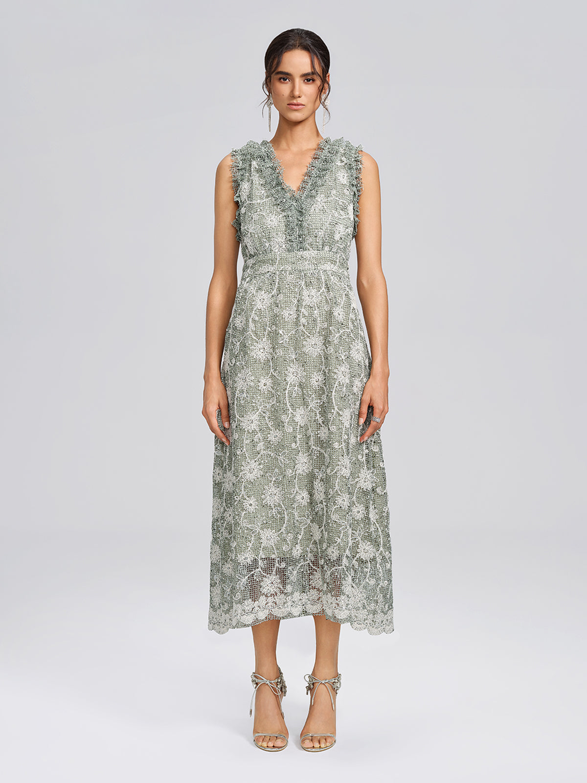Sequin Floral Textured A-Line Ruffle Dress