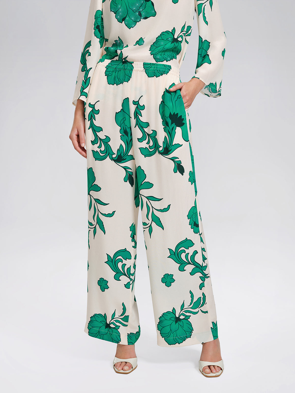 100% Silk Drawstring Waist Elastic Wide-Leg Pants