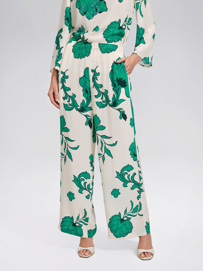 100% Silk Drawstring Waist Elastic Wide-Leg Pants