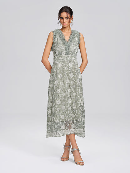 Sequin Floral Textured A-Line Ruffle Dress