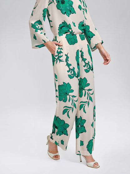 100% Silk Drawstring Waist Elastic Wide-Leg Pants