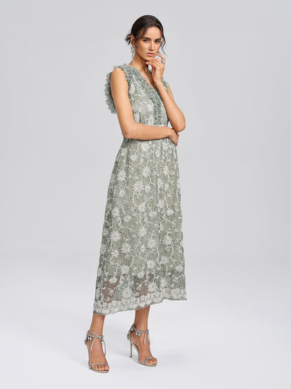 Sequin Floral Textured A-Line Ruffle Dress