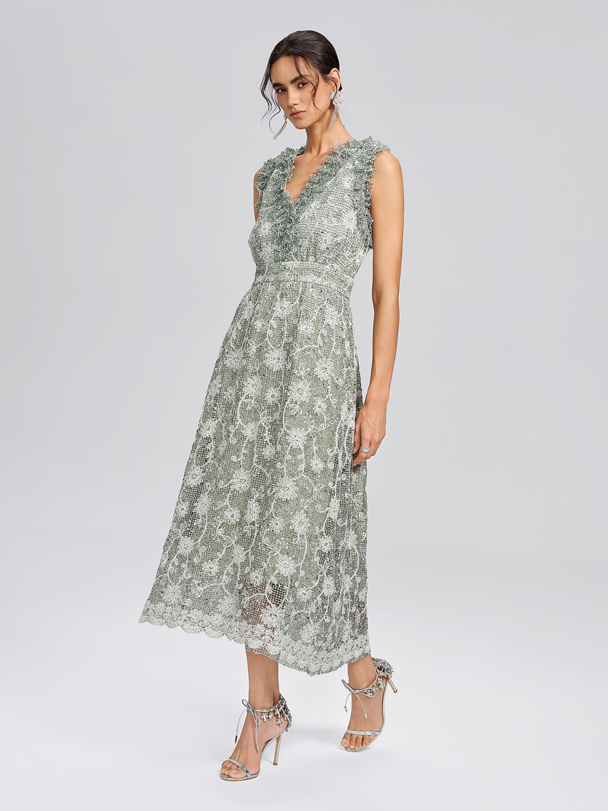 Sequin Floral Textured A-Line Ruffle Dress