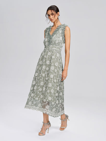 Sequin Floral Textured A-Line Ruffle Dress