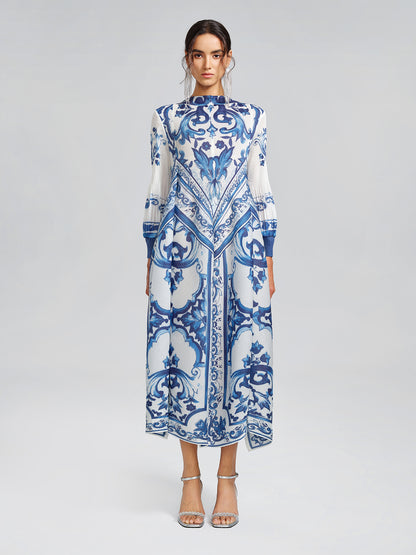 Porcelain-Inspired Pleated Pattern Maxi Dress