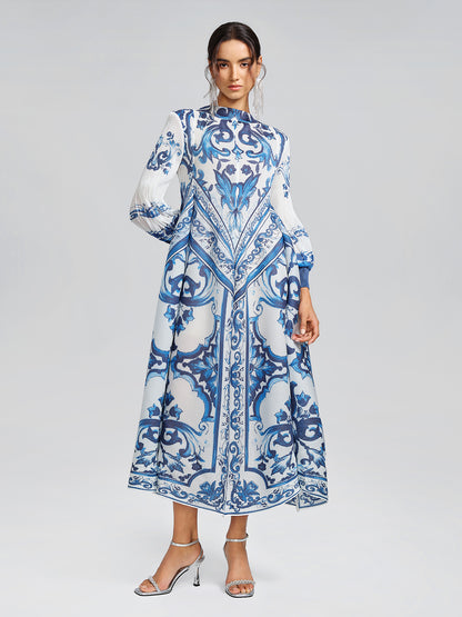 Porcelain-Inspired Pleated Pattern Maxi Dress