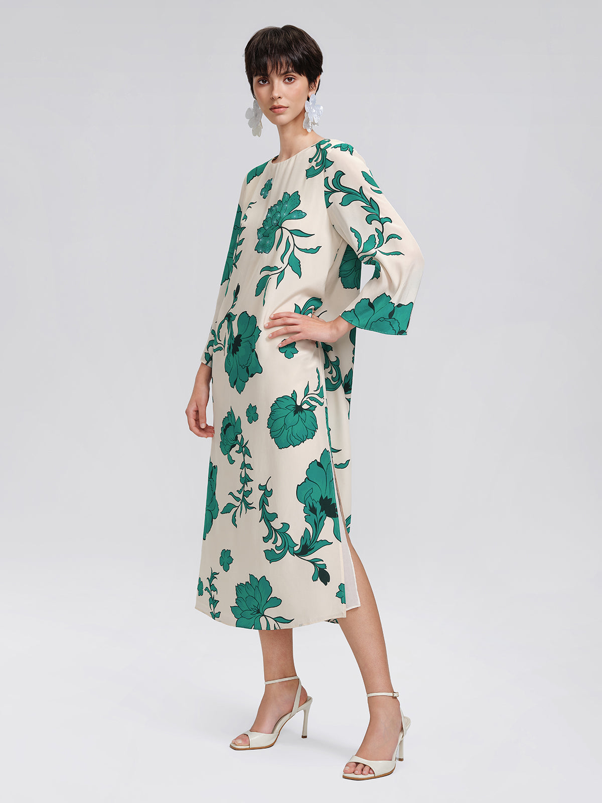 100% Silk Nine-Quarter Sleeve Straight Maxi Dress (Wait Rope Included)