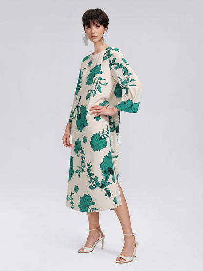 100% Silk Nine-Quarter Sleeve Straight Maxi Dress (Wait Rope Included)