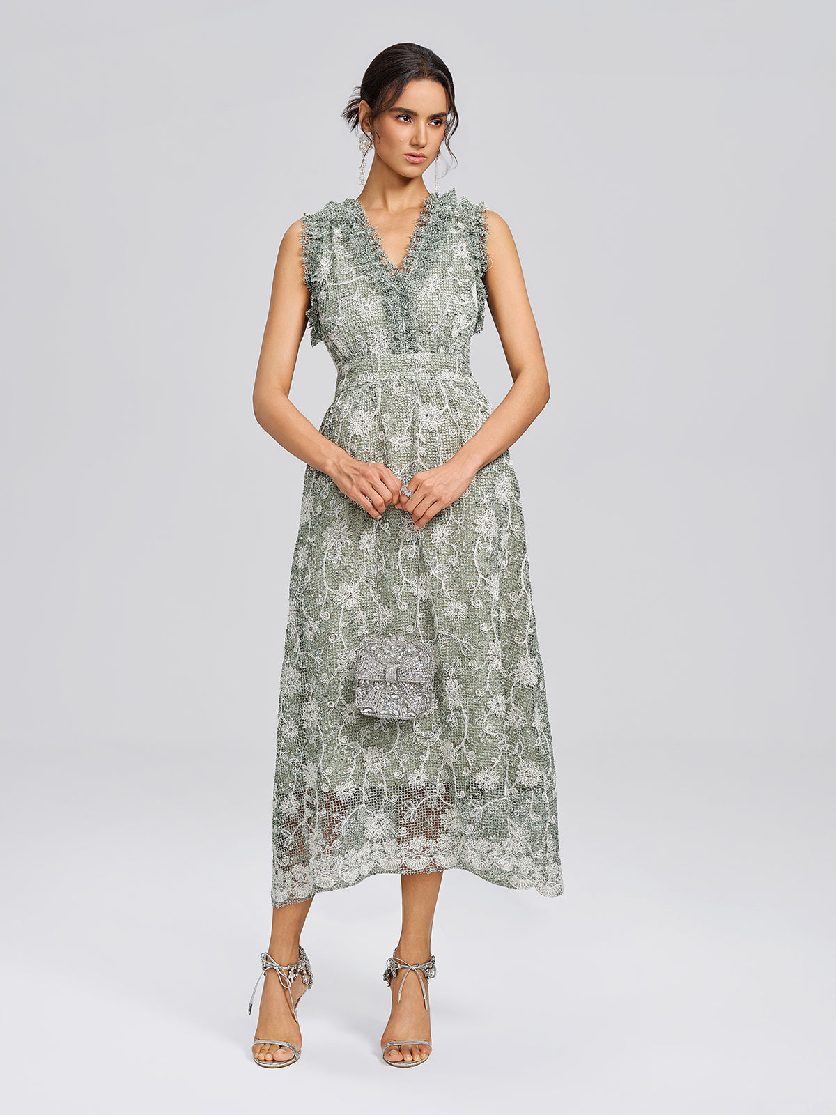 Sequin Floral Textured A-Line Ruffle Dress