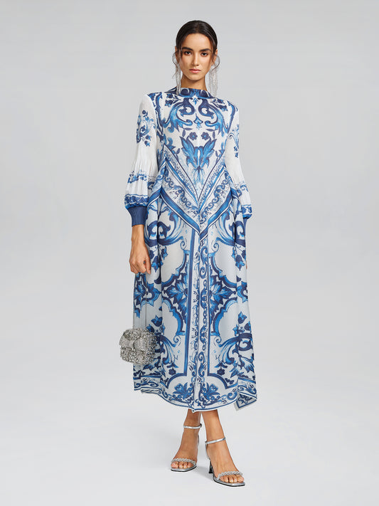 Porcelain-Inspired Pleated Pattern Maxi Dress