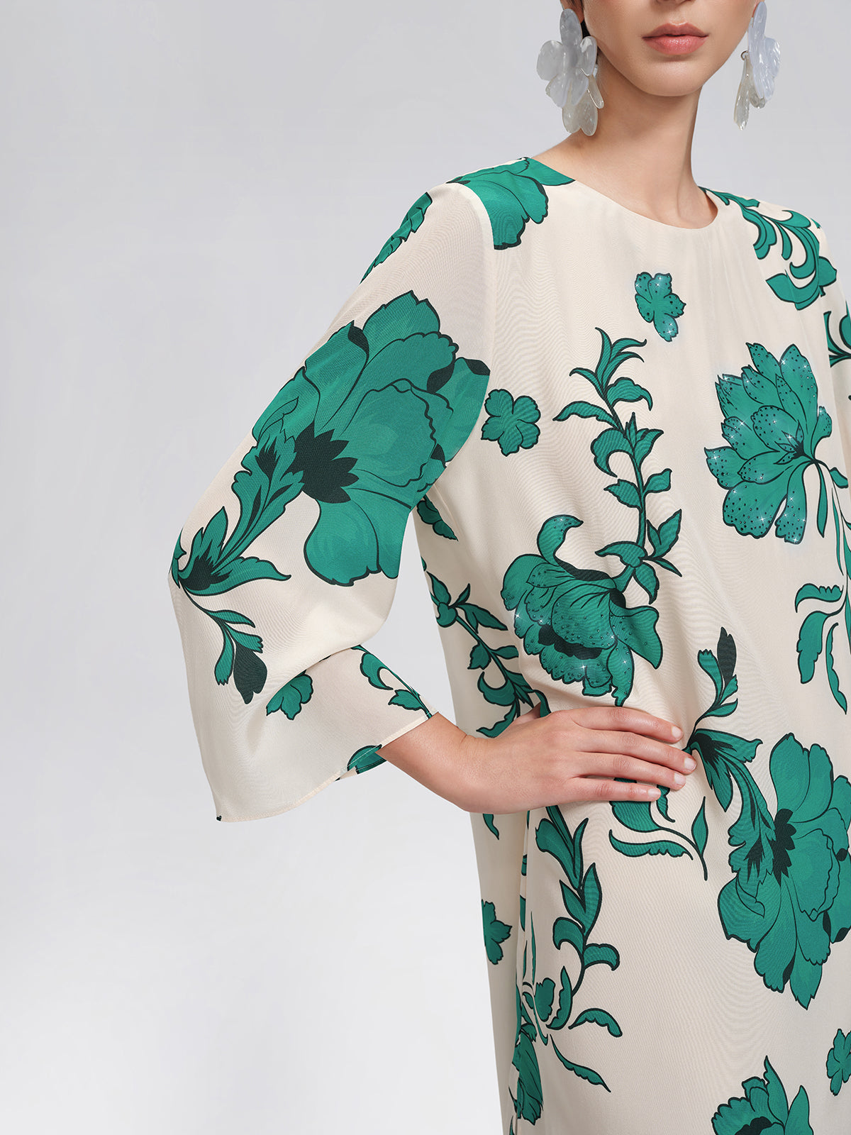 100% Silk Nine-Quarter Sleeve Straight Maxi Dress (Wait Rope Included)