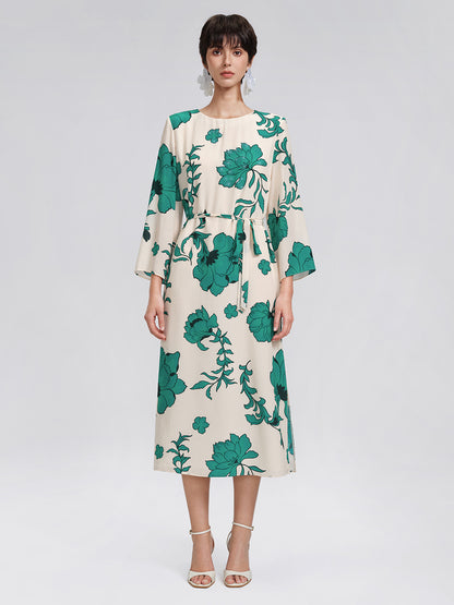 100% Silk Nine-Quarter Sleeve Straight Maxi Dress (Wait Rope Included)