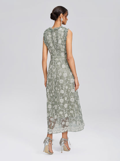 Sequin Floral Textured A-Line Ruffle Dress