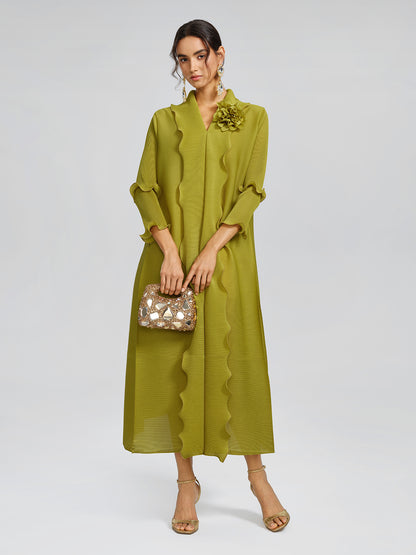 Ruffle Pleated Floral Brooch 3/4-Sleeve Gown