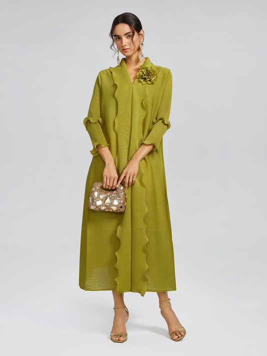 Ruffle Pleated Floral Brooch 3/4-Sleeve Gown