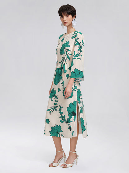 100% Silk Nine-Quarter Sleeve Straight Maxi Dress (Wait Rope Included)