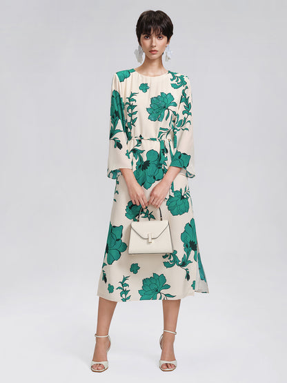 100% Silk Nine-Quarter Sleeve Straight Maxi Dress (Wait Rope Included)