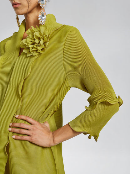 Ruffle Pleated Floral Brooch 3/4-Sleeve Gown