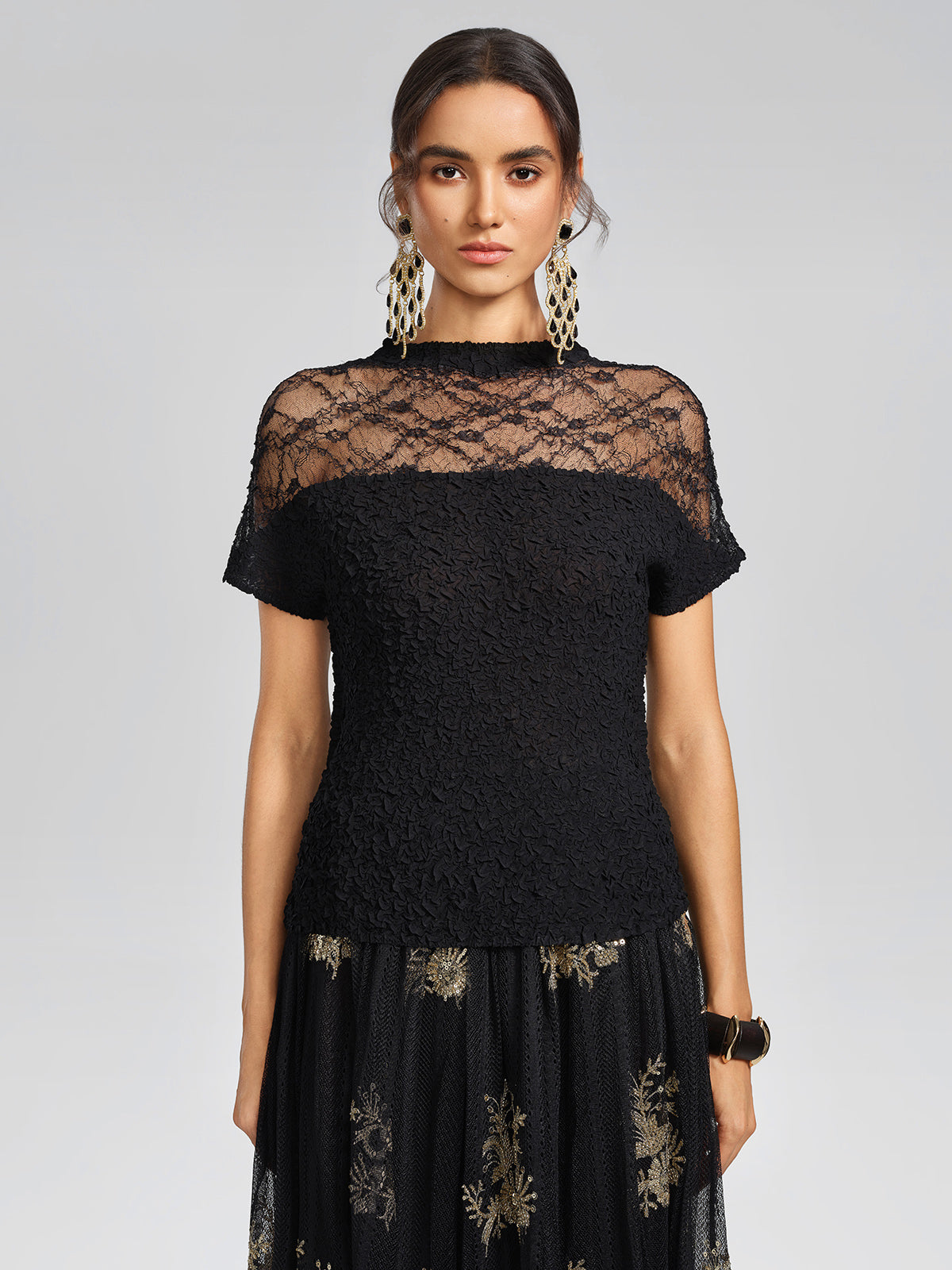 Cutout Lace Mesh Pleated Fitted Top