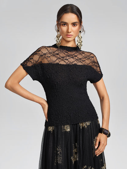 Cutout Lace Mesh Pleated Fitted Top