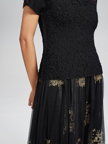 Cutout Lace Mesh Pleated Fitted Top